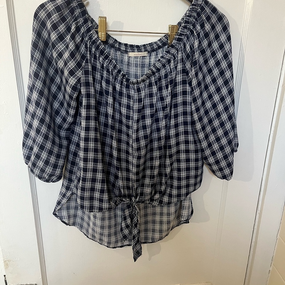 Mai Tai Plaid Peasant Blouse Navy & White Tie Front Boho Top-Size Medium EUC